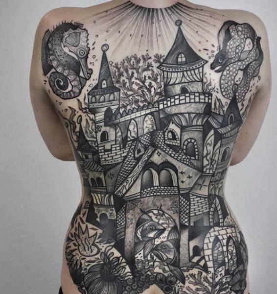tattoo, Fantasy Underwater Land A huge back piece of a fantasy land with castles.