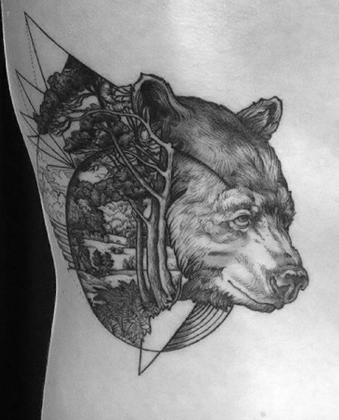 tattoo, Bear Bear infused with nature tattoo on the ribs