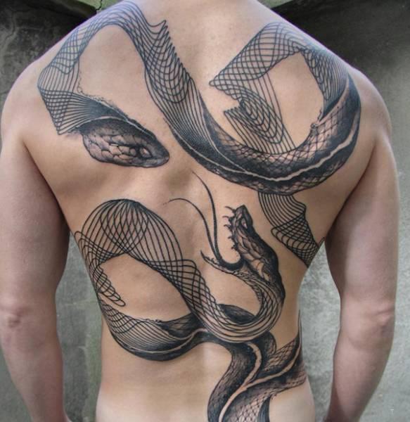 tattoo, Geometric Snakes Huge geometric snakes back piece