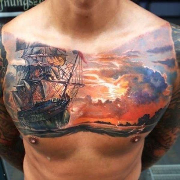 tattoo, Ship During Sundown An oldschool pirate ship sailing into the sunset