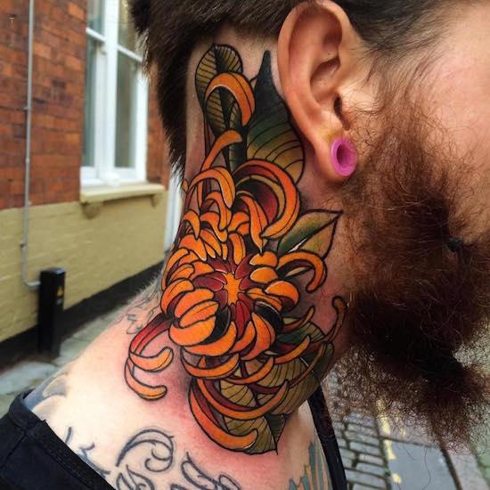 tattoo, Flower Neck Bold yellow flower neck tattoo