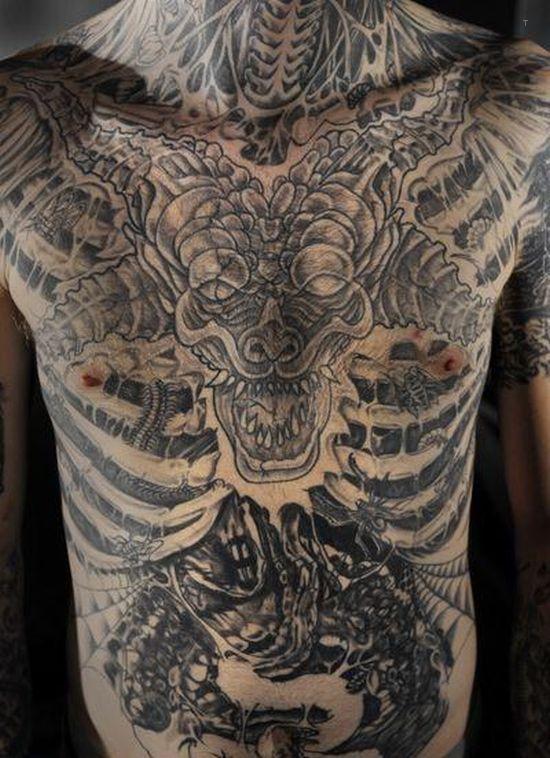 tattoo, Dragon Skeleton Huge dragon/skeleton chest tattoo