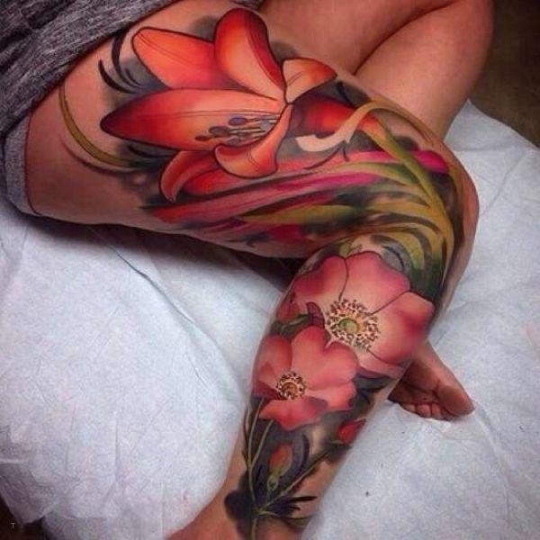 tattoo, Flower Leg Sleeve Huge pink flowers leg sleeve on a girl
