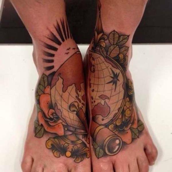tattoo, Globe Globe tattoo stretched over both feet