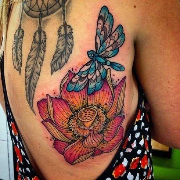 tattoo, Lotus Dragonfly A colouful lotus and a dragon fly
