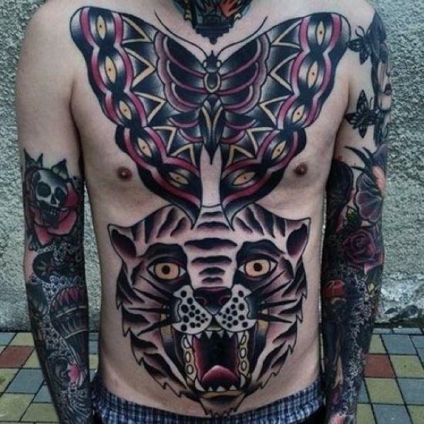 tattoo, Oldschool Full Front Big bold olschool front tattoos, a huge butterfly and a tiger as main pieces