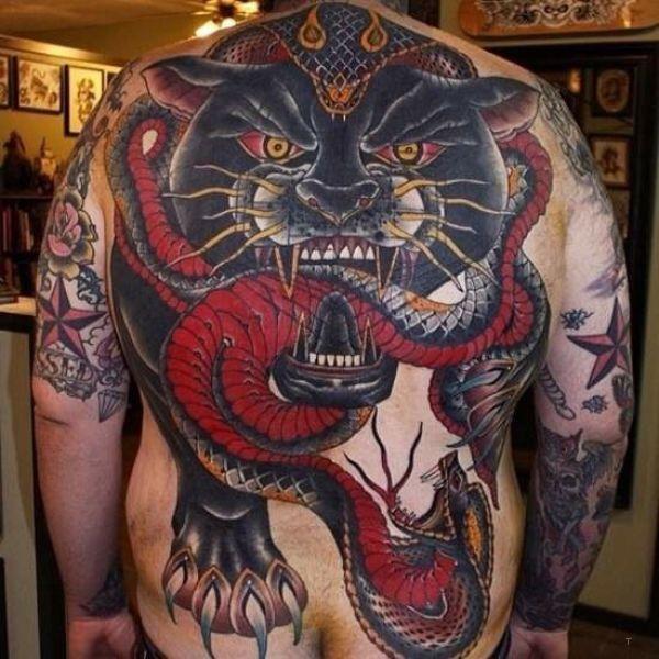 tattoo, Panther And Snake A panther with a snake in his mouth, in oldschool style