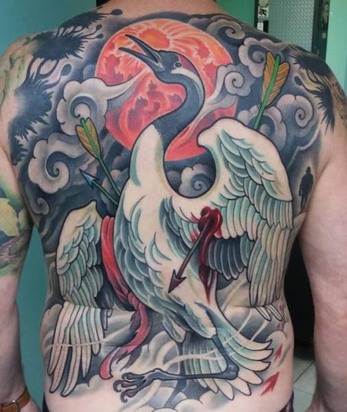 tattoo, Bird Got Shot A huge high quality back tattoo of a bird shot with arrows, it got a nice moon in the bacground