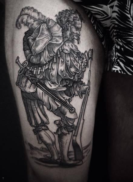 tattoo, Etched Style Hunter Tattoo in an etched style, of a hunter carrying weapons.